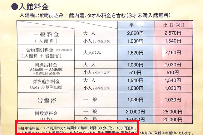 舞浜ユーラシアスパ料金表