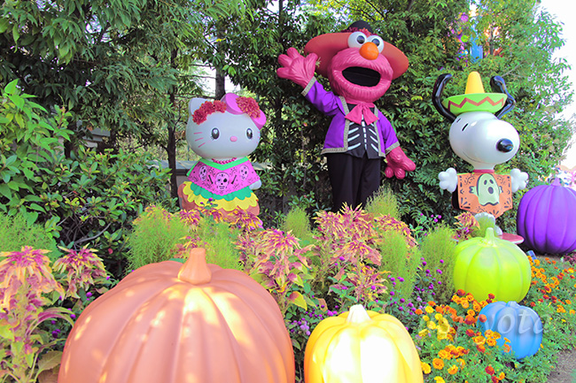 ワンダーランド入り口のエルモ・スヌーピー・キティとかぼちゃのオブジェ